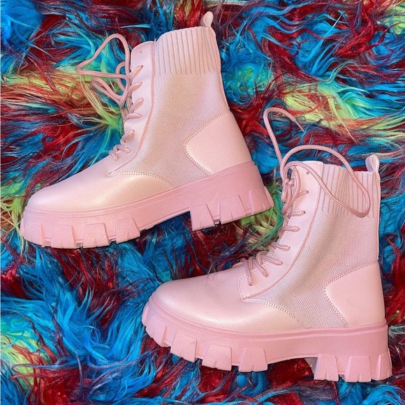 Wild Diva Shoes - Pink Sock Knit Platform Booties